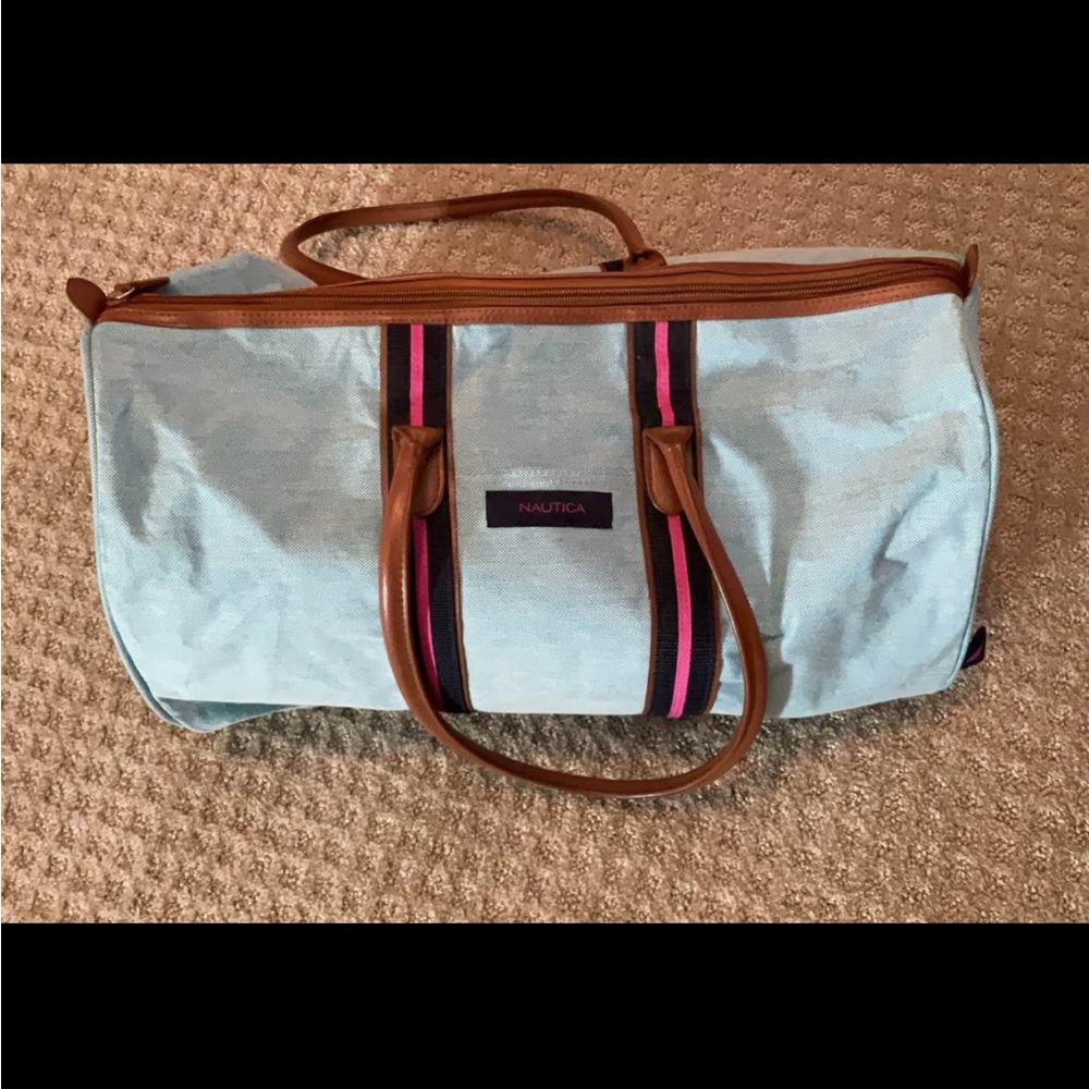 Nautica Light Blue Canvas Weekender with Navy & Pink Stripes